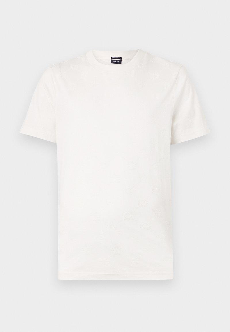 Weißes kurzärmliges T-Shirt aus weichem Baumwollstoff, mit einem dezenten geprägten Muster, Rundhalsausschnitt und normaler Passform.