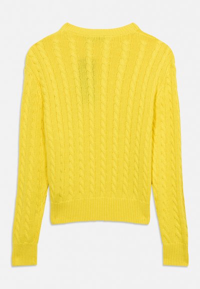 Κίτρινο πουλόβερ με πλεκτή πλέξη καλωδίων, μακρύ μανίκι, με ριμπ στη μανσέτα και το τελείωμα, εμφανίζεται επίπεδο από πίσω.