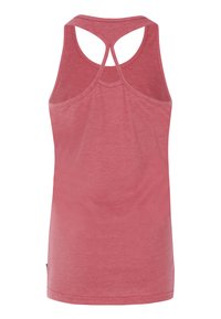 Canottiera sportiva rossa senza maniche con scollatura rotonda e design racerback, caratterizzata da una texture morbida e orlo dritto.