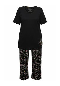 Schwarzes Baumwoll-Pyjama-Set mit einem kurzärmligen Oberteil und gemusterten Hosen, die bunte abstrakte Gesichter, Sterne und Herzen in einem leichten Stoff zeigen.