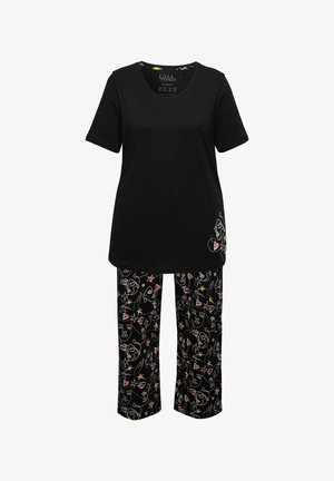 Černá bavlněná pyžamová souprava obsahující tričko s krátkým rukávem a vzorované kalhoty s barevnými abstraktními obličeji, hvězdami a srdíčky vyrobená z lehkého materiálu.