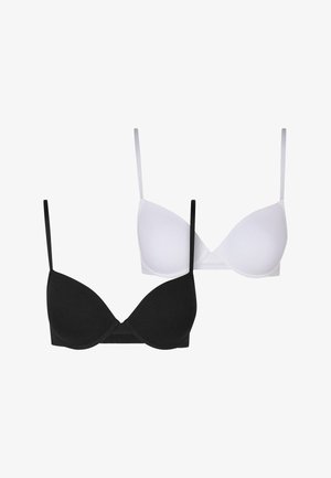 Mustavalkoiset pehmustetut rintaliivit, joissa on säädettävät hihnat, saumatonta muotoilua ja sileä pinta, etuosassa pieni V-muoto.