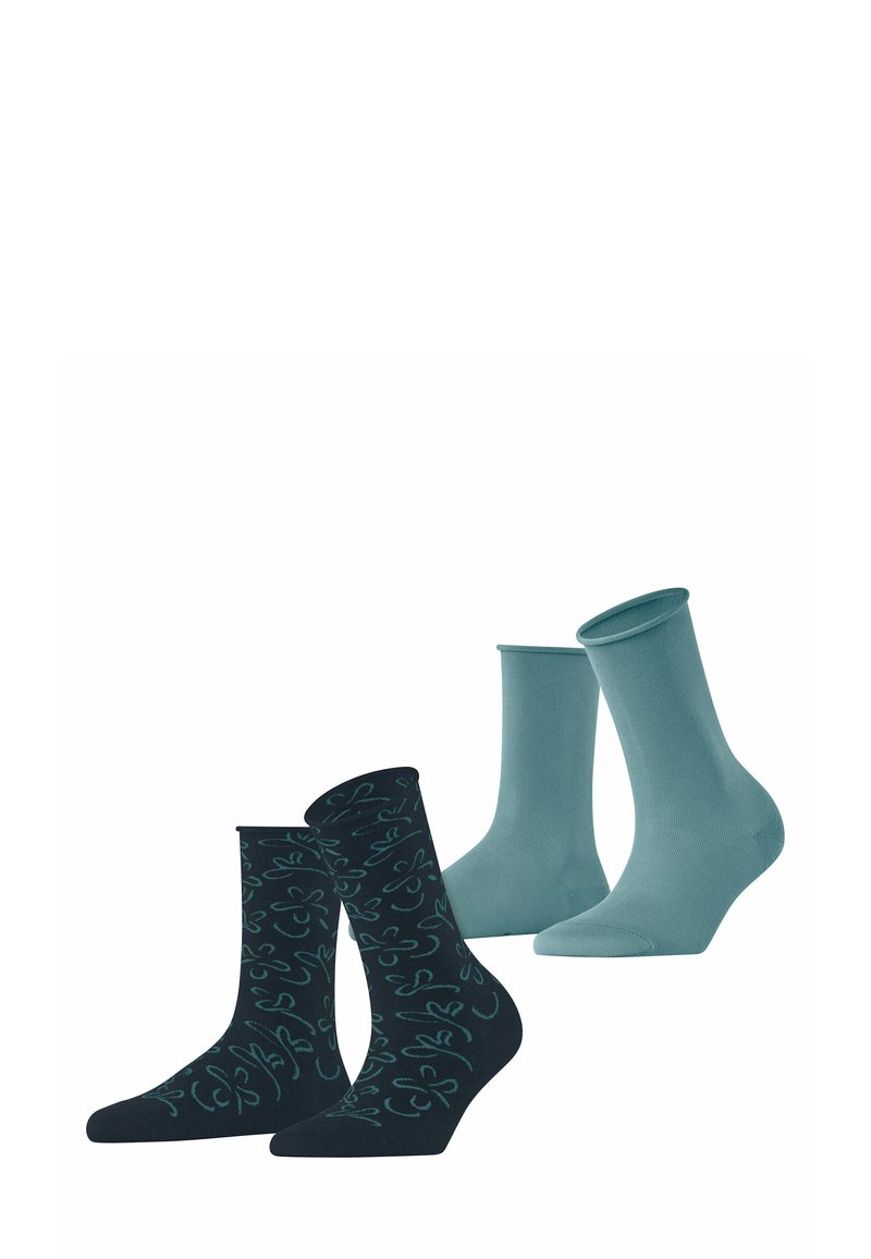 Zwei Paar Socken: ein Paar einfarbig in Türkis, das andere in Marineblau mit abstrakten Türkis-Mustern. Weicher Stoff, mittlere Höhe, geeignet für legere Trageanlässe.