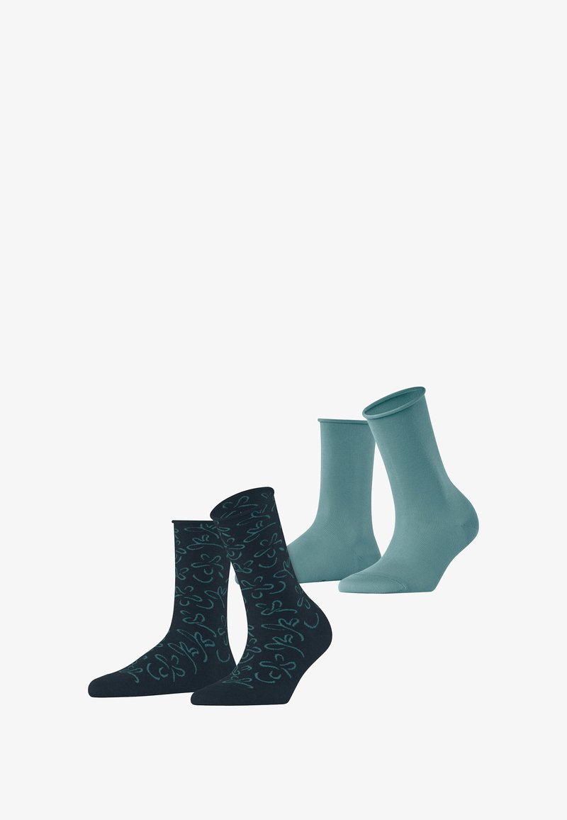 Two pairs of socks: one solid teal, one navy with teal abstract patterns. Soft fabric, medium height, suitable for casual wear.