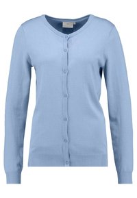 Jasnoniebieski kardigan, długie rękawy, zapięcie na guziki z przodu, ribbowe mankiety i dół, miękka dzianina, podstawowy okrągły dekolt.