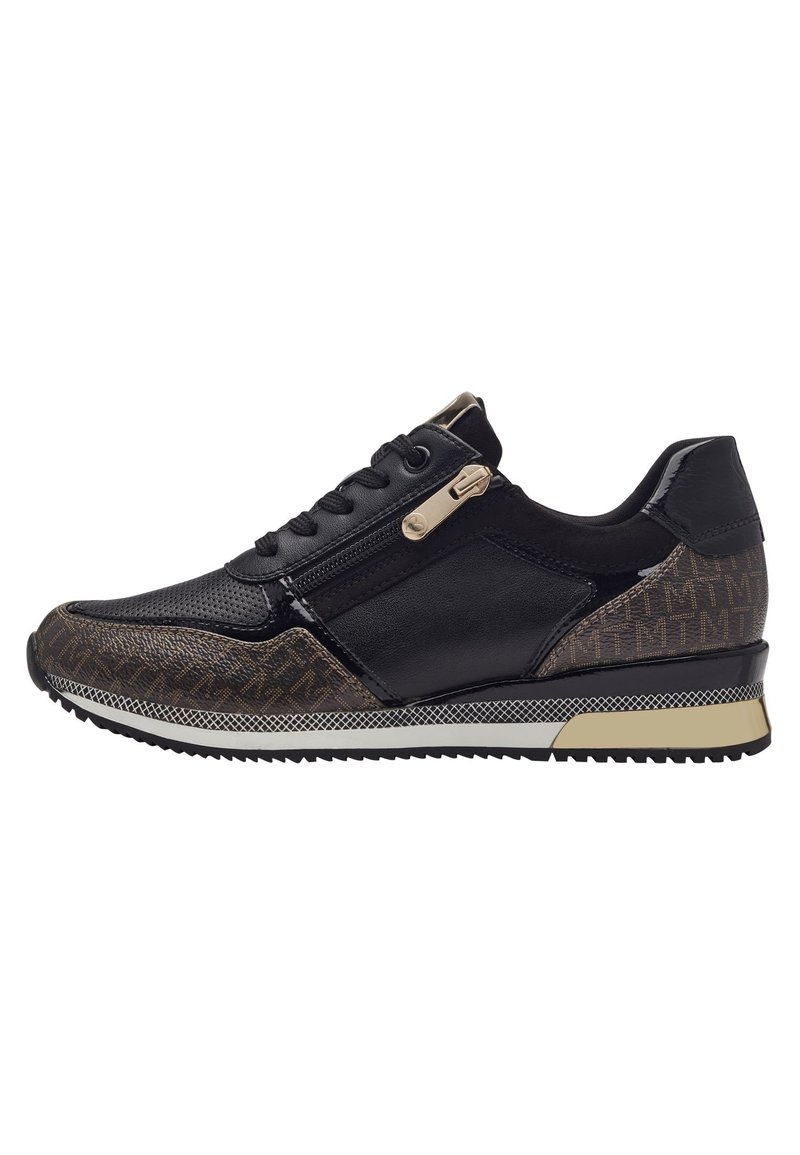 Sneaker nera con tessuto testurizzato, dettagli in pelle e zip laterale. Presenta un tacco decorato e una suola in gomma.
