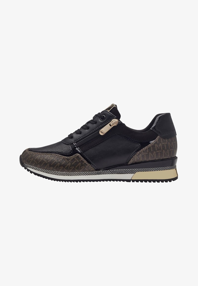 Sneaker nera con tessuto testurizzato, dettagli in pelle e zip laterale. Presenta un tacco decorato e una suola in gomma.