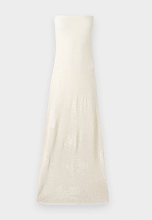 Strapless, floor-length knit dress in off-white, featuring a textured fabric with subtle floral patterns. Simple hem design.