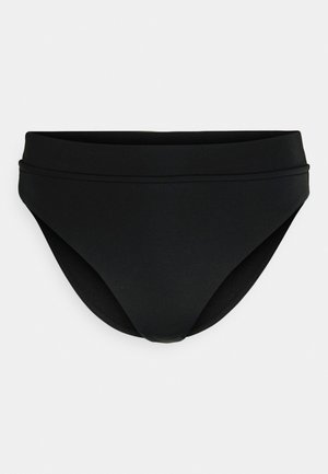Parte de baixo de biquíni preta com um tecido liso e elástico. Apresenta um design de cintura baixa com detalhes sutis nas costuras e lados com cobertura total.