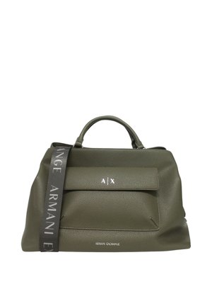 Borsetta Armani Exchange in pelle testurizzata verde oliva con manici superiori, tasca frontale a patta e tracolla nera con marchio.