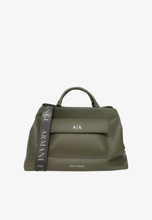 Borsetta Armani Exchange in pelle testurizzata verde oliva con manici superiori, tasca frontale a patta e tracolla nera con marchio.