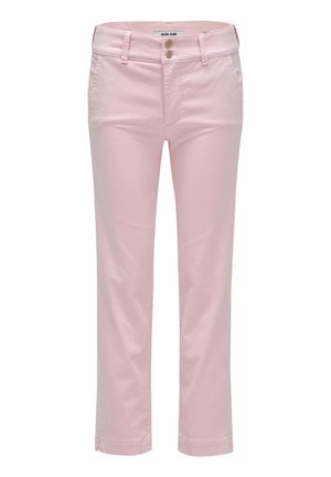 Pantaloni rosa chiaro realizzati in morbido tessuto di cotone misto. Presentano una vita standard, due tasche anteriori e un design a gamba dritta.