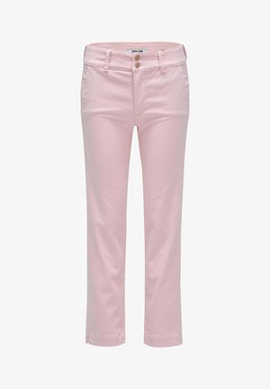 Helle rosa Hose aus glattem Baumwollmischgewebe. Verfügt über einen normalen Bund, zwei Fronttaschen und ein gerades Bein-Design.