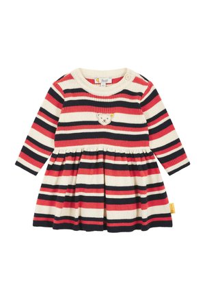 Abito a righe nei colori crema, rosso e blu navy; texture a coste; presenta un colletto rotondo, maniche lunghe e un'applicazione di un orsetto sul petto.