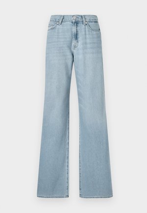 Lyseblå brede jeans lavet af denim, der har høj talje, frontlommer og diskret falmet stof gennem hele materialet.