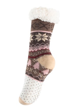 Calze a maglia con un polsino soffice di colore bianco, caratterizzate da un design a motivi in marrone, rosa e crema con motivi festivi e una texture punteggiata sulla suola.