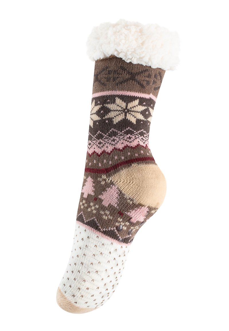 Calze a maglia con un polsino soffice di colore bianco, caratterizzate da un design a motivi in marrone, rosa e crema con motivi festivi e una texture punteggiata sulla suola.