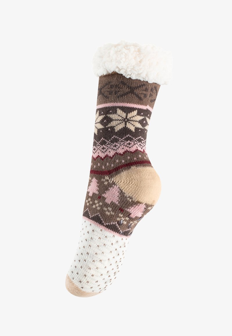 Calze a maglia con un polsino soffice di colore bianco, caratterizzate da un design a motivi in marrone, rosa e crema con motivi festivi e una texture punteggiata sulla suola.