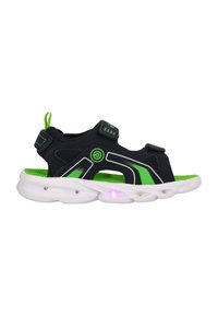 Schwarze und grüne Sportsandalen mit Mesh-Obermaterial, verstellbaren Riemen, weißer Sohle und LED-Lichtern in der Sohle. Verfügt über ein Ausschnittdesign für Atmungsaktivität.