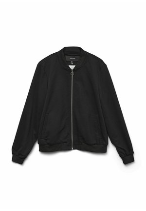 Černá bomber bunda s kulatým výstřihem, předním zipem, dvěma bočními kapsami a elastickými manžetami s hladkým povrchem.