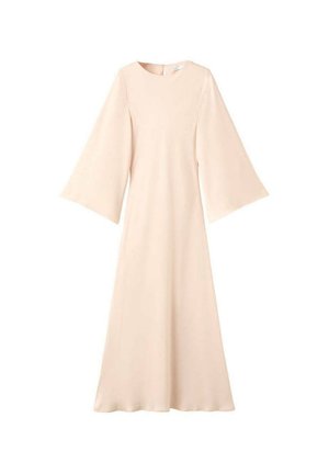 Vestido largo beige con mangas campana anchas y escote redondo, largo hasta el suelo, diseño simple y elegante.