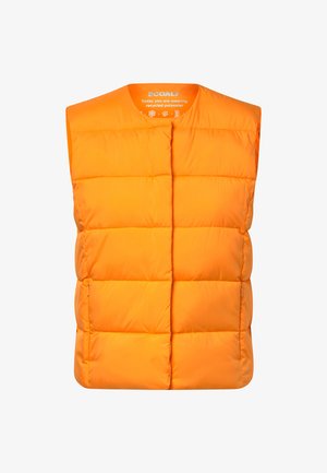 Erksav oranž kaetud vattvest lühikeste varrukatega, horisontaalsete õmblustega, kahe küljetaskuga ja ilma nähtava eest sulgumiseta.