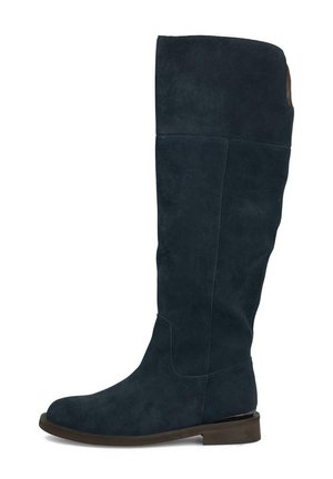 Bottes en suède bleu marine, montantes jusqu'au genou, avec un bout légèrement arrondi et un petit talon empilé. Elles présentent une texture lisse avec des détails de couture minimaux.