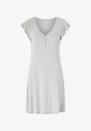 Robe grise à manches courtes avec un col en V, dotée de trois boutons à l'avant et d'une silhouette évasée pour une coupe décontractée.