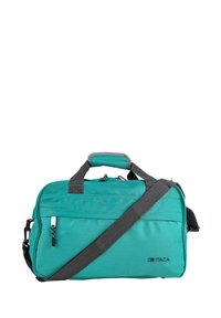 Bolsa de lona color verde azulado con asa ajustable gris, que incluye cierre de cremallera y un bolsillo lateral para almacenamiento. La etiqueta en el costado dice "ITACA".