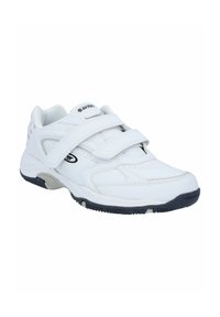 White athletic shoe with a textured leather upper, two adjustable Velcro straps, and a rubber sole featuring a textured grip pattern.