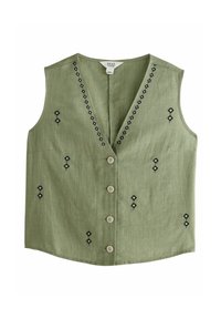 Gilet verde in lino con scollo a V, bottoni frontali e intricati motivi di ricamo neri. Retro semplice senza ulteriori dettagli.