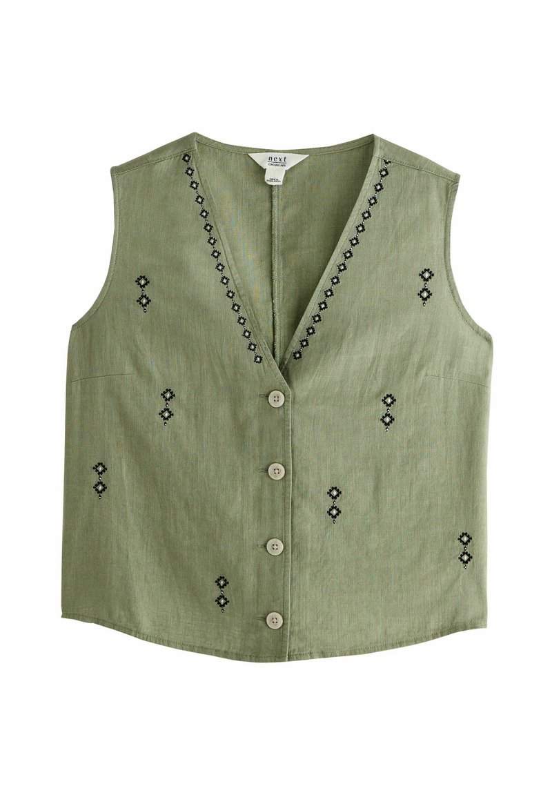 Gilet verde in lino con scollo a V, bottoni frontali e intricati motivi di ricamo neri. Retro semplice senza ulteriori dettagli.