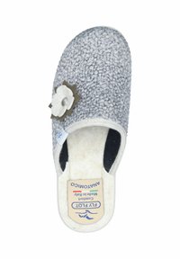 Gray felt slipper with a textured surface, floral accent, soft inner lining, and a closed toe. Features a flat sole with branding on the base.