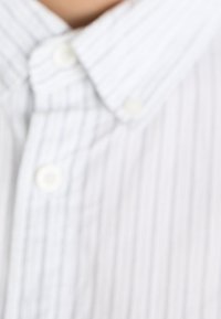 Camicia a righe grigio chiaro con colletto piegato e bottoni bianchi. Il tessuto sembra morbido con una texture liscia.