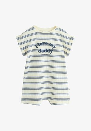 Lühikeste varrukatega triibuline beebiriietus kahvatu kollase taustaga, millel on meresinine vertikaalne triip. Tekst "Ma armastan oma issi" tumesinisel. Soonikuline tekstuur.