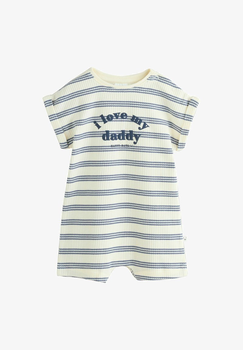 Otroška majica z kratkimi rokavi v svetlo rumeni barvi z mornarsko modrimi navpičnimi črtami. Na njej je napis »I love my daddy« v temno modri barvi. Rebrasta tekstura.