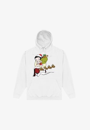 Biała bluza z kapturem z postacią z kreskówki w stroju Mikołaja, niosącą worek, wchodzącą na zaśnieżony komin, na tle lecące renifery.