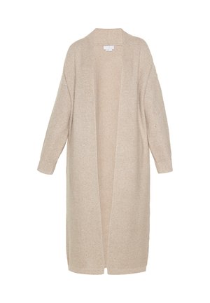 Cardigan lungo aperto realizzato in morbido tessuto a maglia beige. Presenta maniche a coste e variazioni di texture in tutta la superficie. Senza chiusure.