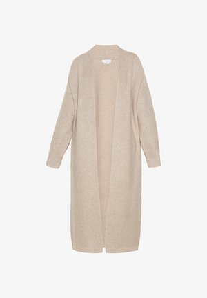 Dlhý, otvorený kardigán vyrobený z mäkkej béžovej pleteniny. Má rebrované rukávy a rôzne textúry v celom prevedení. Bez zapínania.