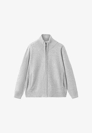 Pull zippé en maille gris clair avec col montant côtelé, manches longues, poignets côtelés, deux poches avant et bord-côte.