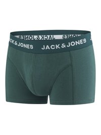 Grüne Baumwoll-Boxershorts mit einem weißen elastischen Bund, auf dem der Markenname "JACK & JONES" in Schwarz gedruckt ist.