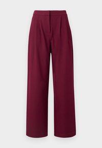 Pantaloni a gamba larga borgogna realizzati in un tessuto liscio, con pieghe frontali, una vita strutturata e orlo svasato.