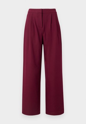 Burgunderfargede bukser med vide ben laget av et glatt stoff, med frontfold, en strukturert midjebånd og avsmalnende nedkant.