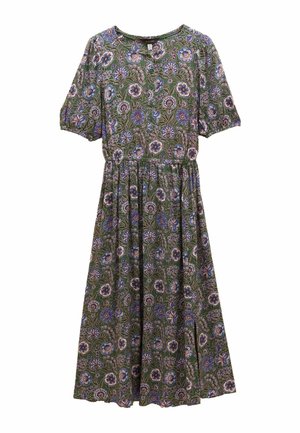 Blumenmusterkleid in Grün mit kurzen Ärmeln, Rundhalsausschnitt und geraffter Taille. Verfügt über blaue, weiße und lila Blumenmuster im gesamten Kleid.