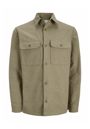 Olivgrünes Hemd zum Zumachen aus strukturiertem Stoff mit zwei Brusttaschen, sichtbaren Knöpfen und klassischem Kragen.