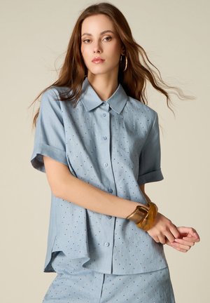 Jonge vrouw met lang bruin haar, gekleed in een lichtblauw kort mouwen blouse met knopen en een bijpassende rok met kleine versieringen.