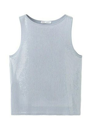 Débardeur sans manches bleu clair orné de sequins, avec un col rond et un ourlet droit.