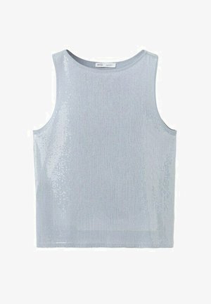 Débardeur sans manches bleu clair orné de sequins, avec un col rond et un ourlet droit.