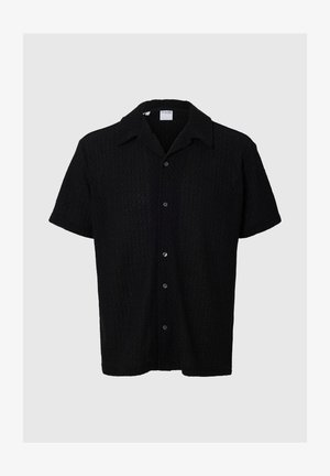 Black short-sleeve shirt with a textured diamond pattern, button-down front, and collar. Fabric appears lightweight and breathable.