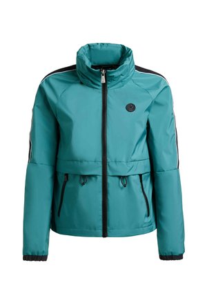 Giacca con zip color teal con collo alto, striscia bianca e nera sulle maniche, tasche con zip e polsini elastici neri.